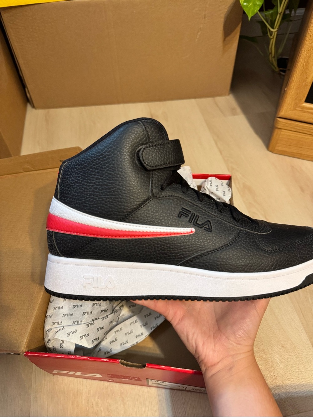 Fila Mens Black High-Top Sneakers with Red and White Stripe